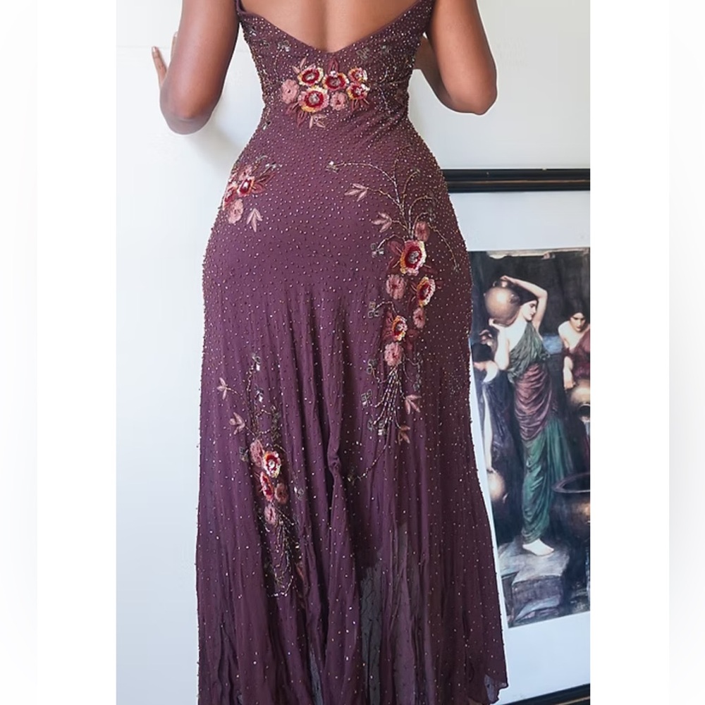 Vintage 90’s 100% Silk Dress Beaded Dress Backless Cowl Silk Slip Dress Floral - Picture 3 of 16